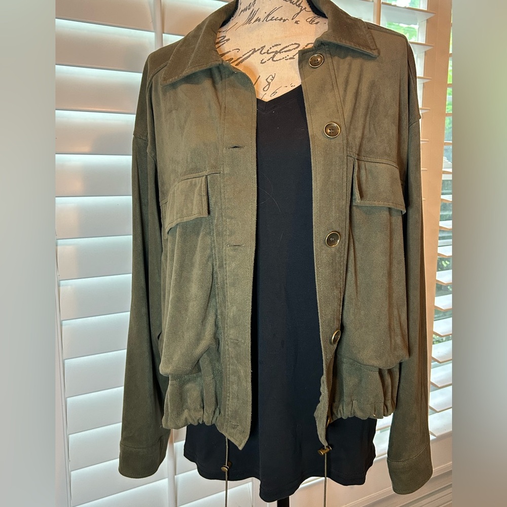 Max Studio faux seude bomber Jacket in Deep Olive. Size XL